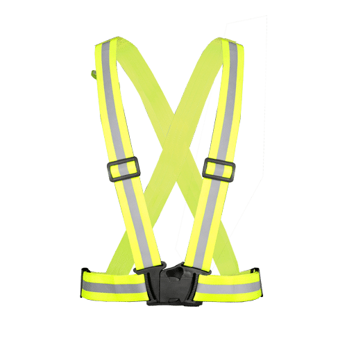 Chaleco Jyrsa SR-1088AM amarillo de alta visibilidad con tirantes elásticos y cinta reflejante, diseño tipo carrillero con X trasera.